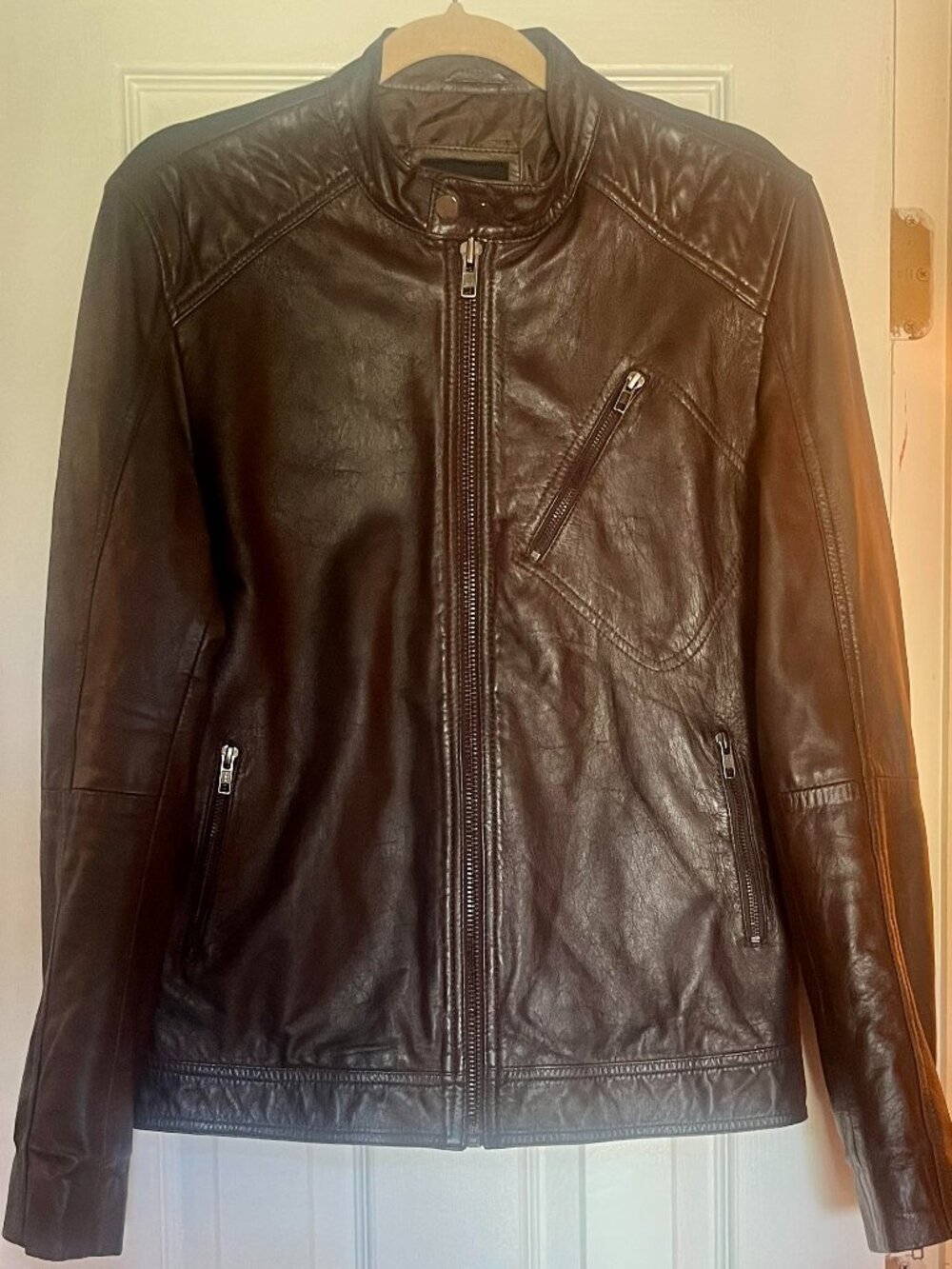 Barneys Original Brown Leather Biker-Style Moto Jacket Stand-Up Collar Size S